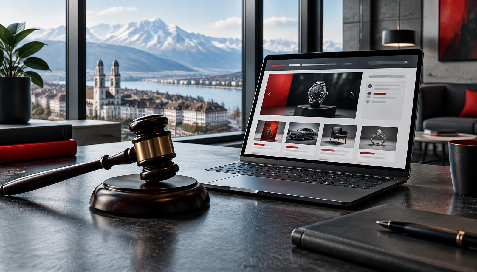 Auktionshammer neben einem digitalen Schweizer Marktplatz