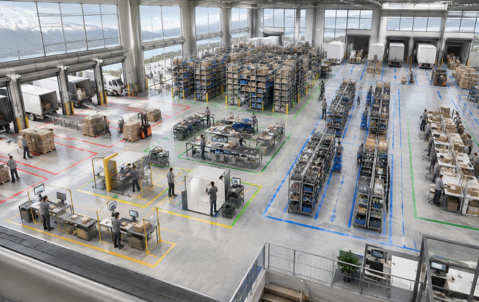 Konzeptansicht einer Logistikhalle mit farblich markierten Arbeitszonen