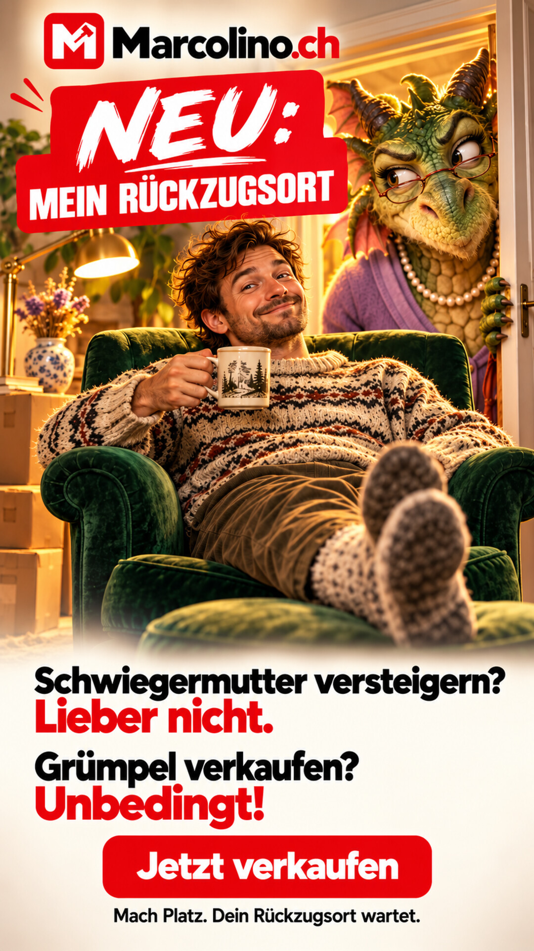 Marcolino Werbebanner: Mein Rückzugsort – Schwiegermutter versteigern? Lieber nicht. Grümpel verkaufen? Unbedingt!